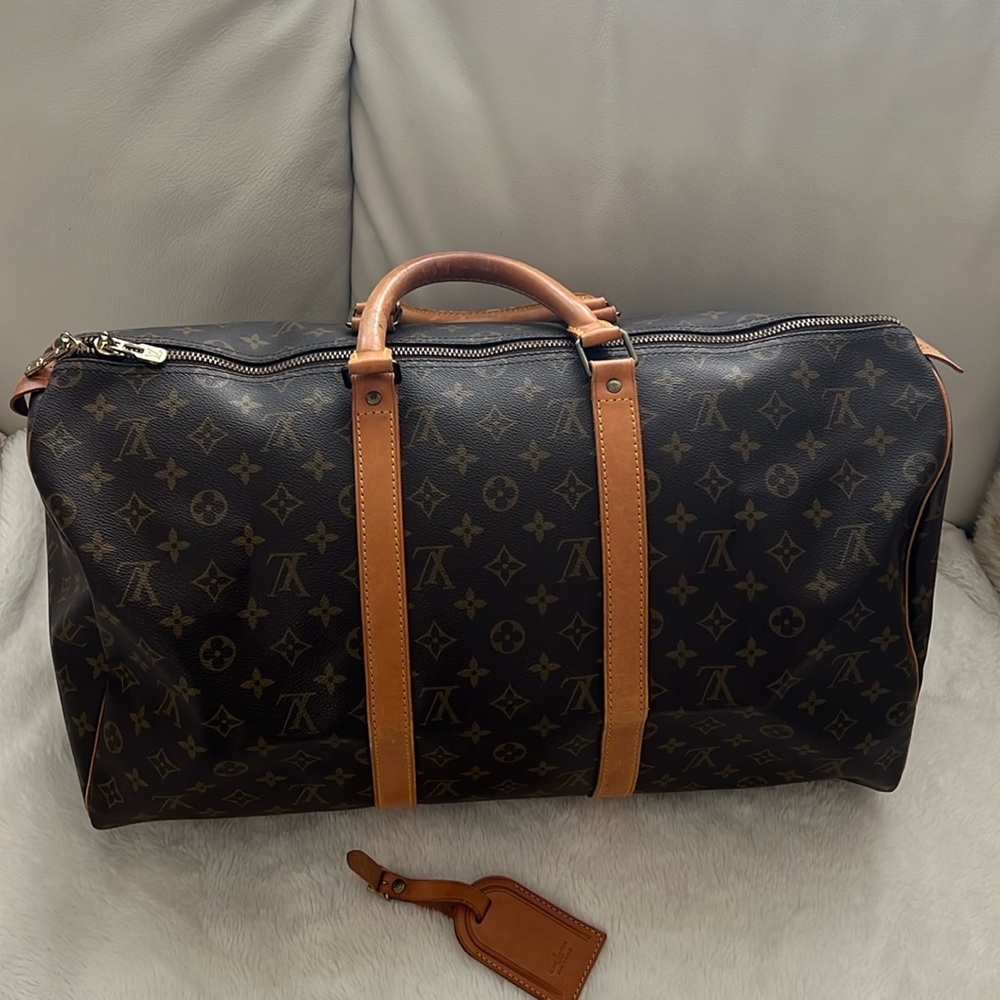 Louis Vuitton 50 Keepall Monogram Canvas Tote Travel Duffle Bag with name tag